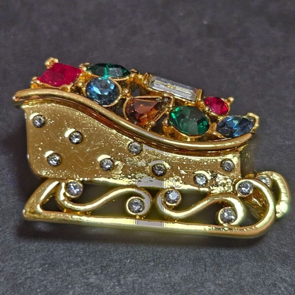 Vintage Monet gold tone sleigh brooch colorful